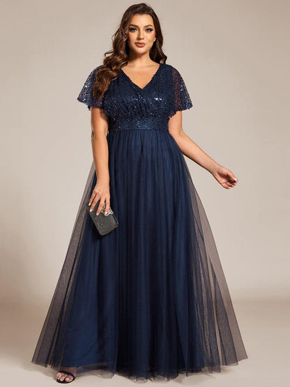 pretty NAVEYA|Plus Size Short Sleeves Sequin V-Neck Formal Evening Dress with Tulle
