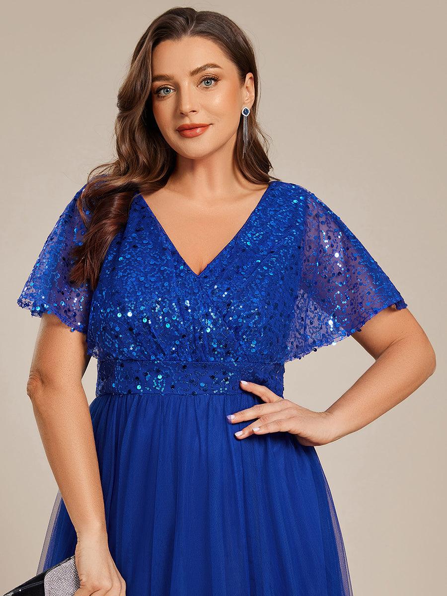 pretty NAVEYA|Plus Size Short Sleeves Sequin V-Neck Formal Evening Dress with Tulle