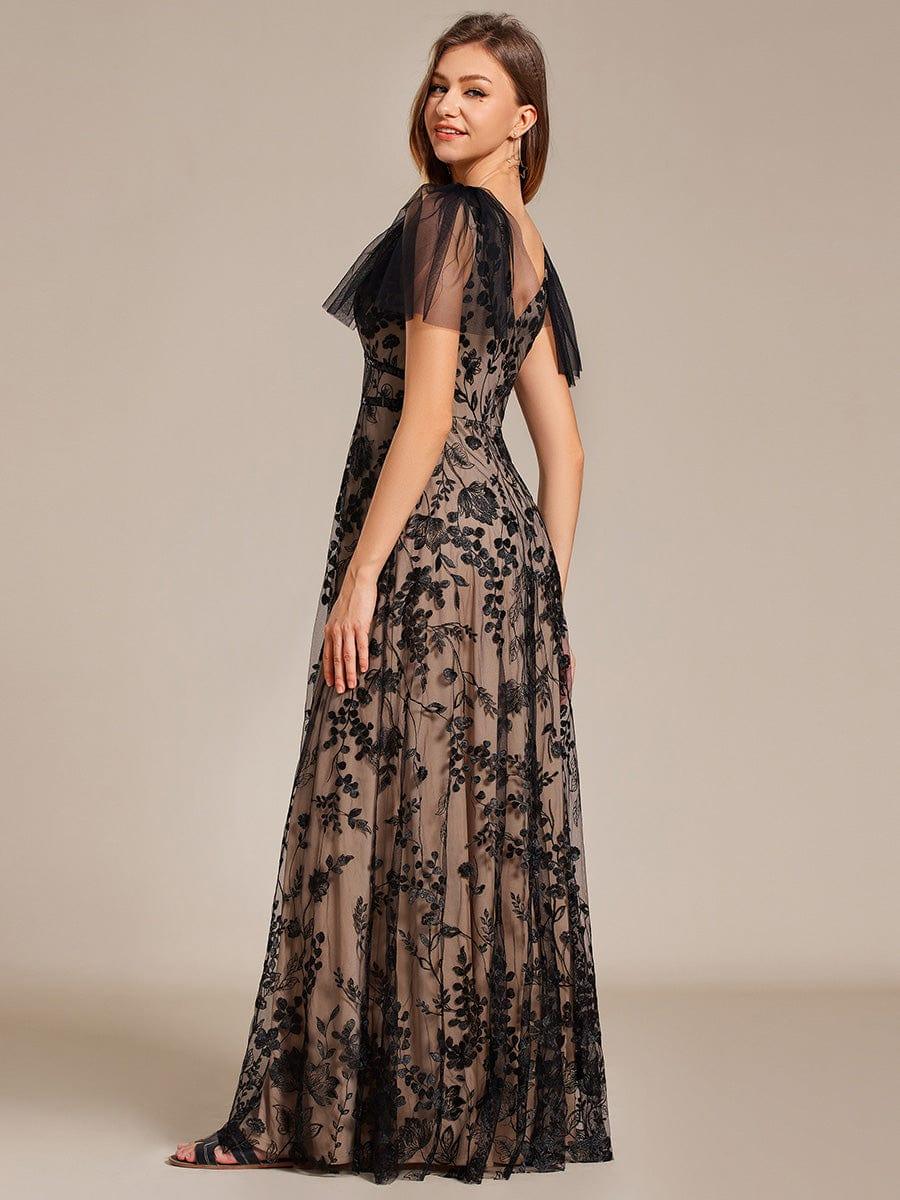 Embroidered Mesh Flutter Sleeve V-Neck Formal Evening Maxi Dress