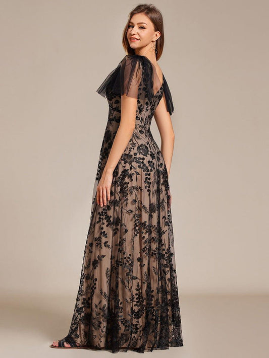 Embroidered Mesh Flutter Sleeve V-Neck Formal Evening Maxi Dress