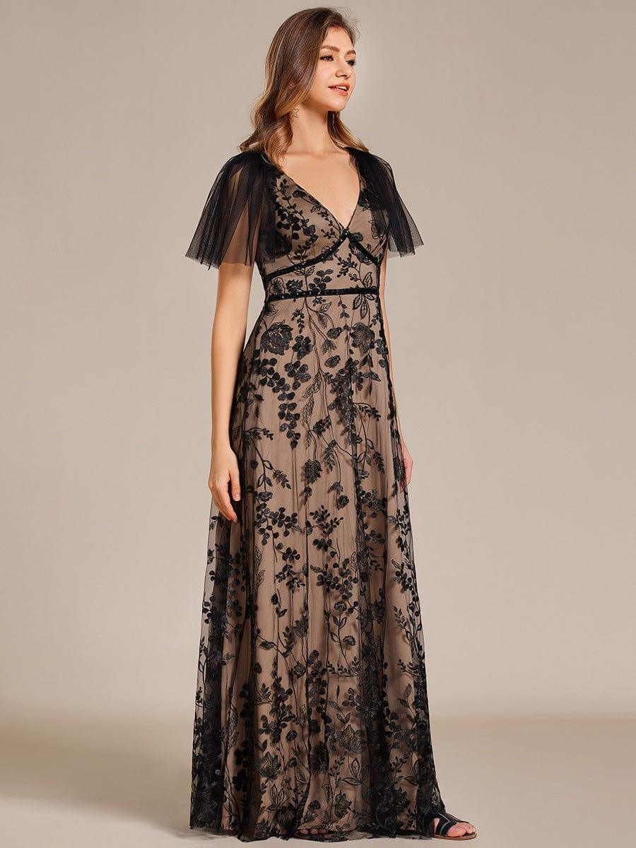 Embroidered Mesh Flutter Sleeve V-Neck Formal Evening Maxi Dress
