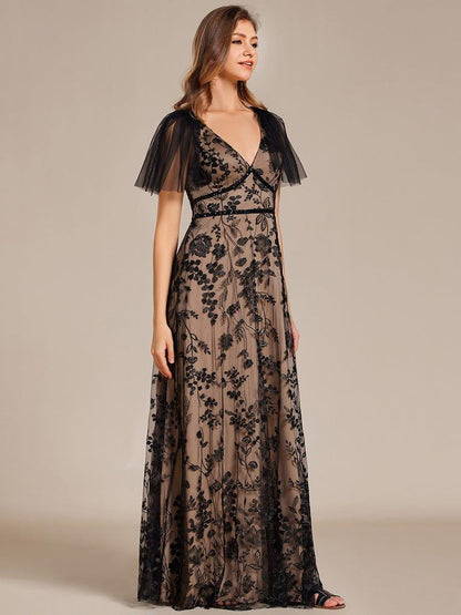 Embroidered Mesh Flutter Sleeve V-Neck Formal Evening Maxi Dress