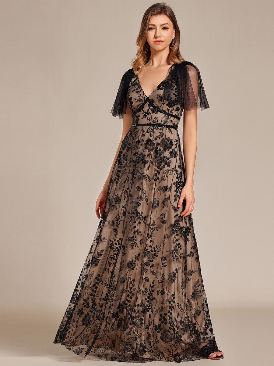 Embroidered Mesh Flutter Sleeve V-Neck Formal Evening Maxi Dress