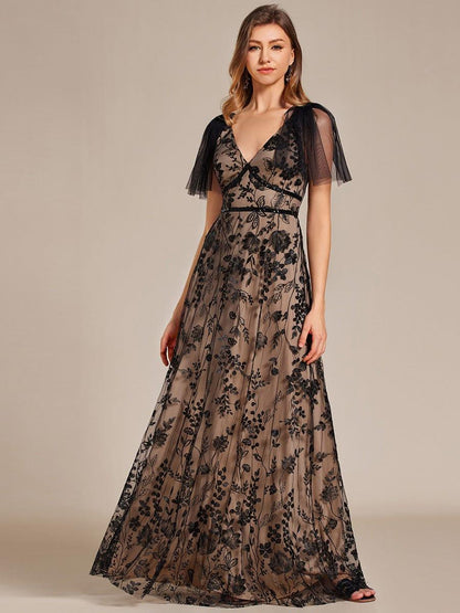 Embroidered Mesh Flutter Sleeve V-Neck Formal Evening Maxi Dress