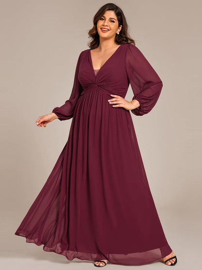 pretty TRU|Plus Size A-Line Pleated Long Lantern Sleeves Chiffon Formal Evening Dress