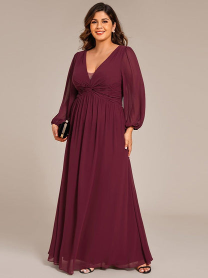 pretty TRU|Plus Size A-Line Pleated Long Lantern Sleeves Chiffon Formal Evening Dress