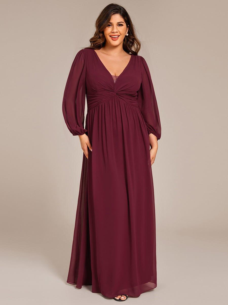 pretty TRU|Plus Size A-Line Pleated Long Lantern Sleeves Chiffon Formal Evening Dress