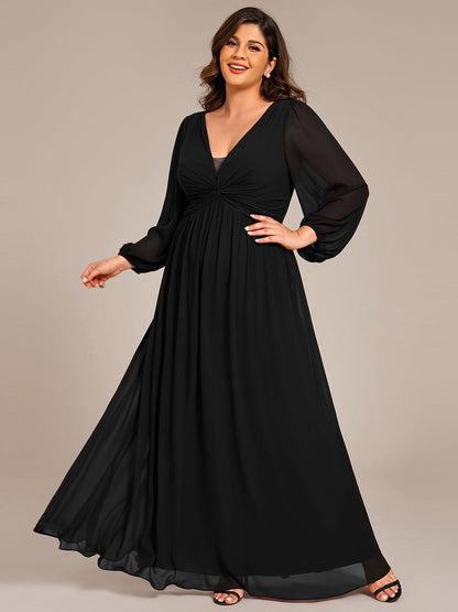 pretty TRU|Plus Size A-Line Pleated Long Lantern Sleeves Chiffon Formal Evening Dress