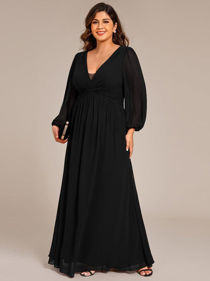 pretty TRU|Plus Size A-Line Pleated Long Lantern Sleeves Chiffon Formal Evening Dress