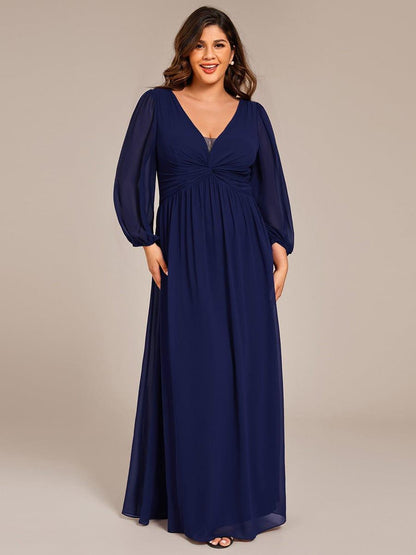 pretty TRU|Plus Size A-Line Pleated Long Lantern Sleeves Chiffon Formal Evening Dress