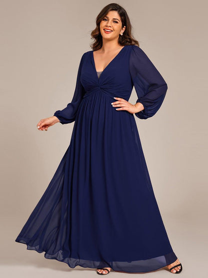 pretty TRU|Plus Size A-Line Pleated Long Lantern Sleeves Chiffon Formal Evening Dress