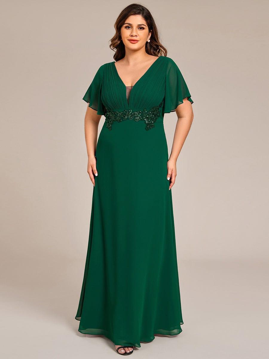 Plus Size Short Sleeve Waist Applique V-Neck Maxi Formal Evening Dress