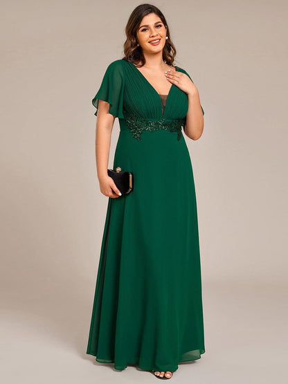 Plus Size Short Sleeve Waist Applique V-Neck Maxi Formal Evening Dress