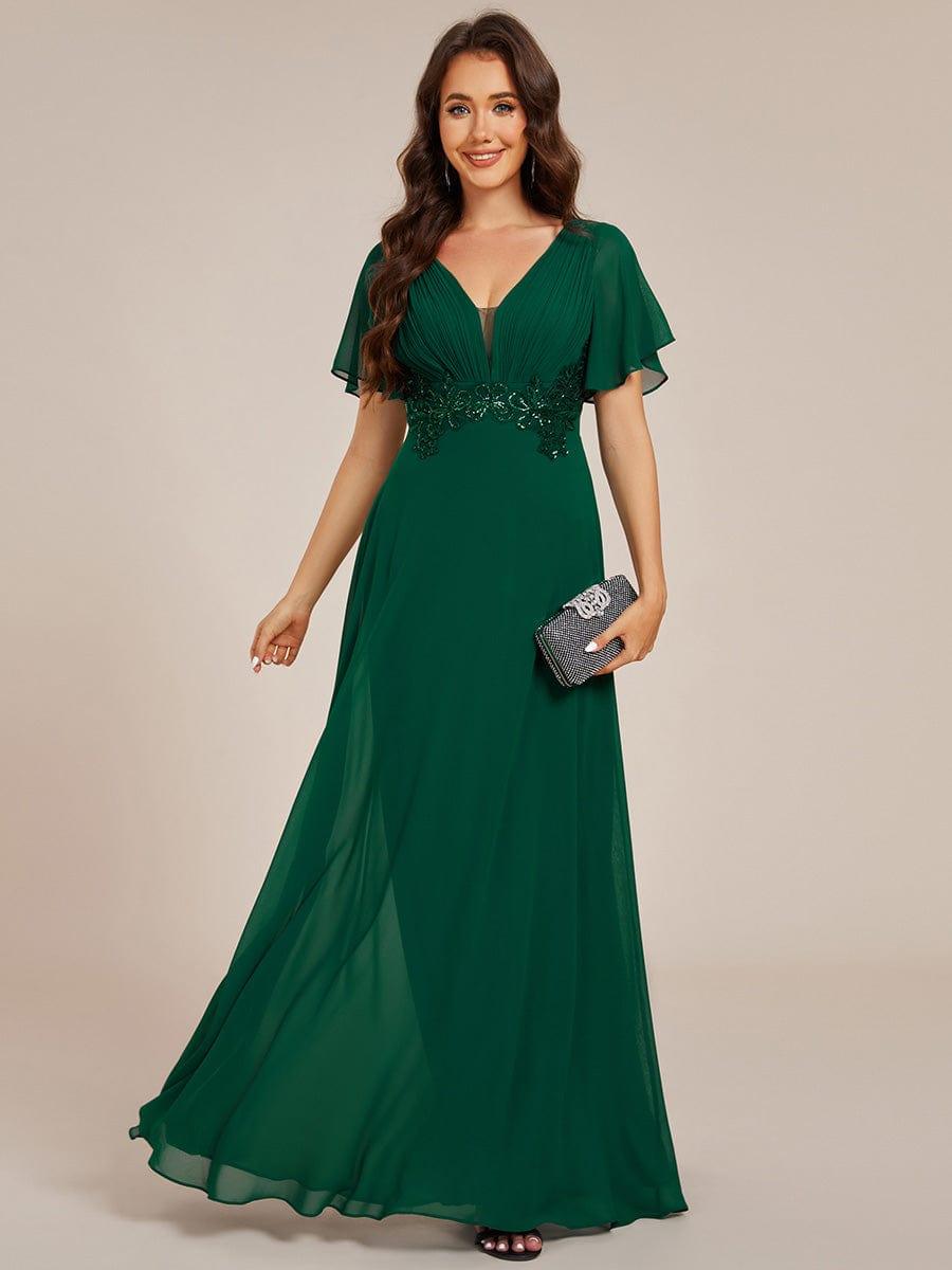 Elegant Pleated Short Sleeve Deep V-Neck Maxi Formal Evening Dress