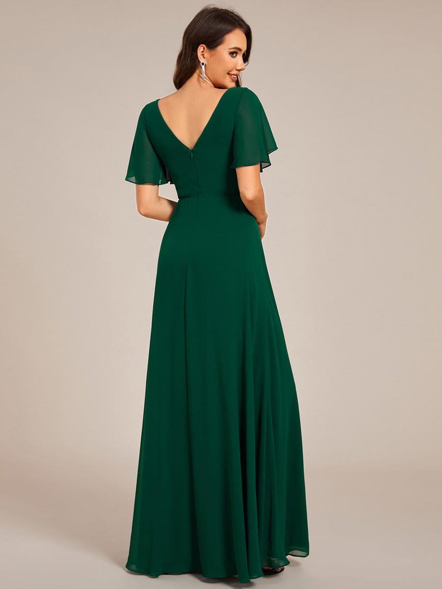 Elegant Pleated Short Sleeve Deep V-Neck Maxi Formal Evening Dress