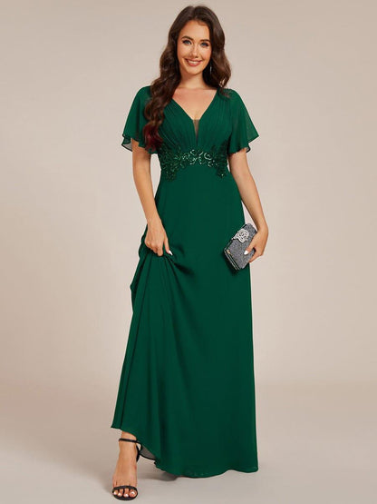 Elegant Pleated Short Sleeve Deep V-Neck Maxi Formal Evening Dress