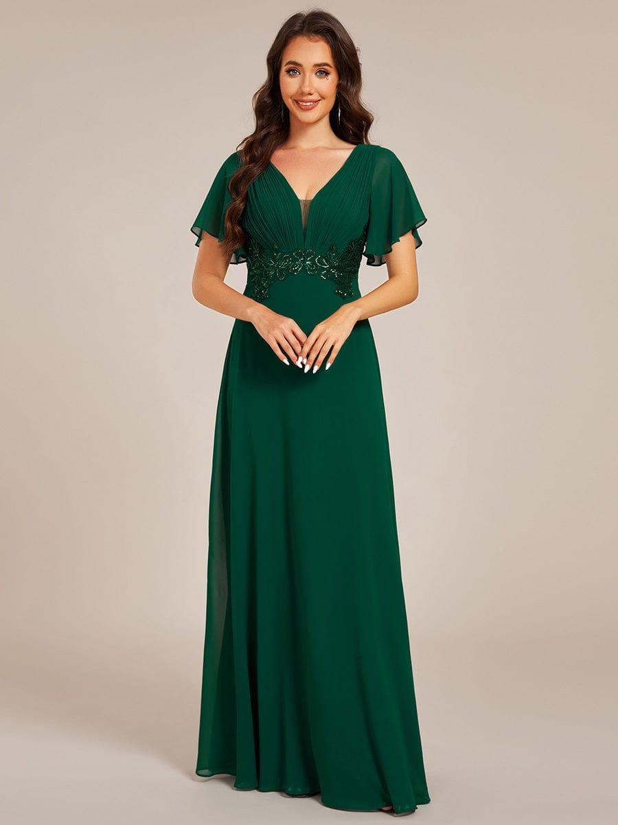 Elegant Pleated Short Sleeve Deep V-Neck Maxi Formal Evening Dress