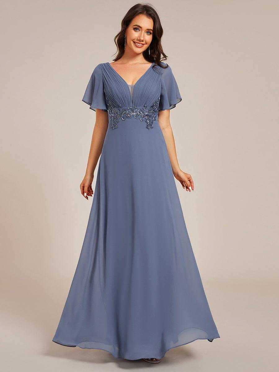 Elegant Pleated Short Sleeve Deep V-Neck Maxi Formal Evening Dress