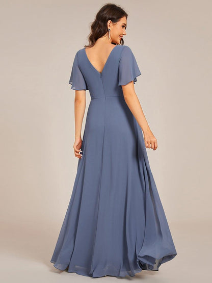 Elegant Pleated Short Sleeve Deep V-Neck Maxi Formal Evening Dress