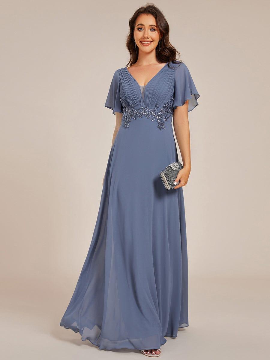 Elegant Pleated Short Sleeve Deep V-Neck Maxi Formal Evening Dress