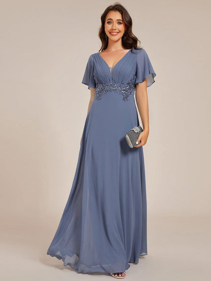 Elegant Pleated Short Sleeve Deep V-Neck Maxi Formal Evening Dress
