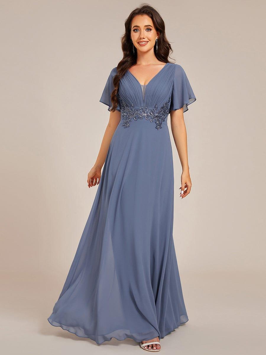 Elegant Pleated Short Sleeve Deep V-Neck Maxi Formal Evening Dress