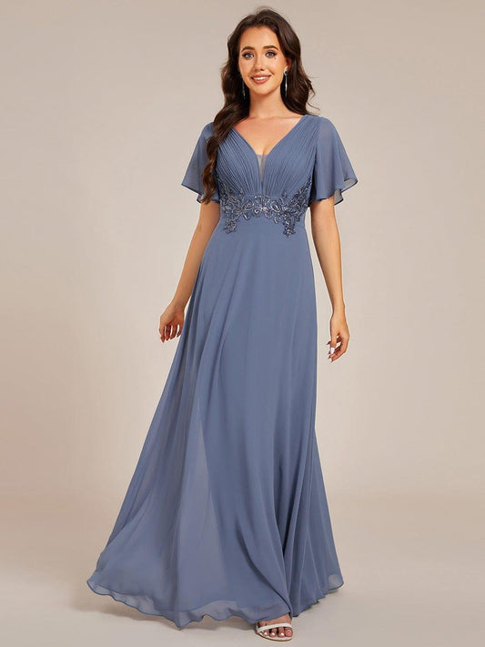 Plus Size Short Sleeve Waist Applique V-Neck Maxi Formal Evening Dress