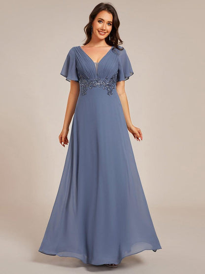 Plus Size Short Sleeve Waist Applique V-Neck Maxi Formal Evening Dress
