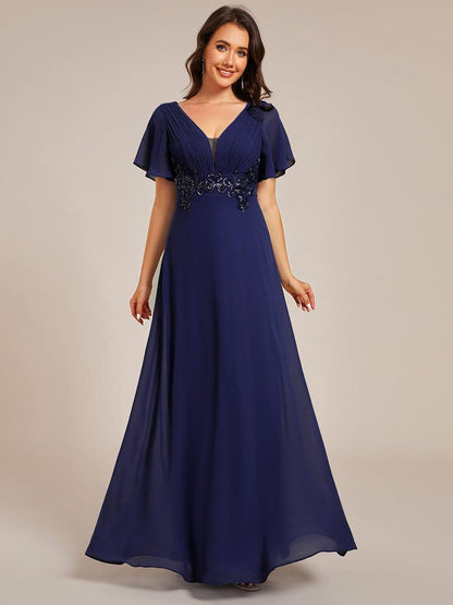 Elegant Pleated Short Sleeve Deep V-Neck Maxi Formal Evening Dress