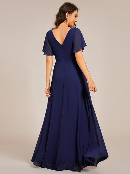 Elegant Pleated Short Sleeve Deep V-Neck Maxi Formal Evening Dress