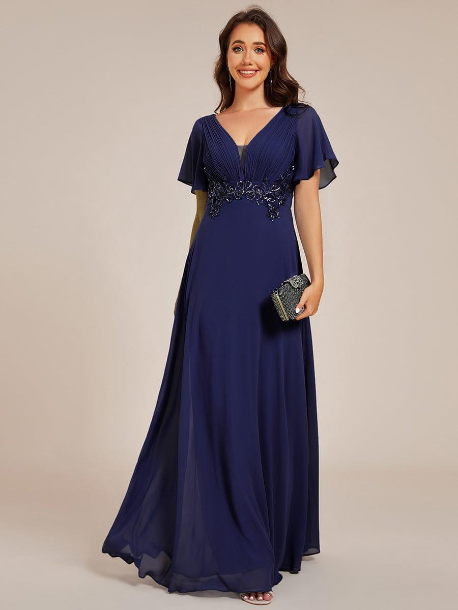 Plus Size Short Sleeve Waist Applique V-Neck Maxi Formal Evening Dress