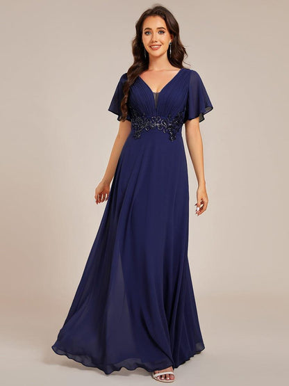 Plus Size Short Sleeve Waist Applique V-Neck Maxi Formal Evening Dress
