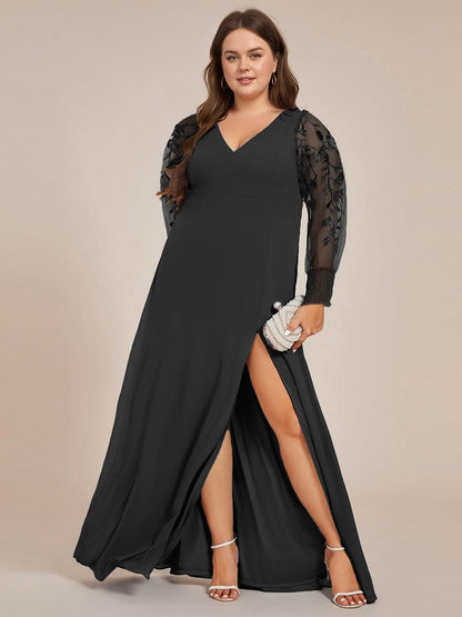 ever RYLEE|See-Through Long Sleeve V-Neck High Slit Chiffon Formal Evening Dress