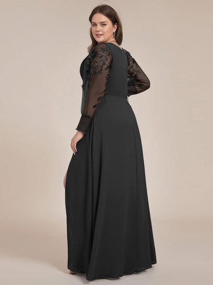 ever RYLEE|See-Through Long Sleeve V-Neck High Slit Chiffon Formal Evening Dress
