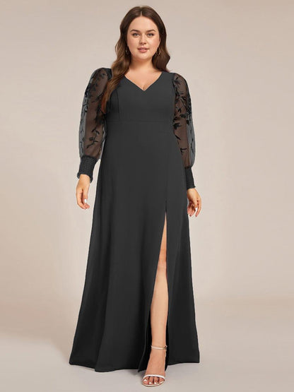 pretty RYLEE|Plus Size High Slit Embroidered Long Sleeve Chiffon Formal Evening Dress