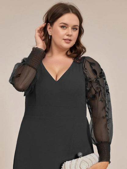 pretty RYLEE|Plus Size High Slit Embroidered Long Sleeve Chiffon Formal Evening Dress