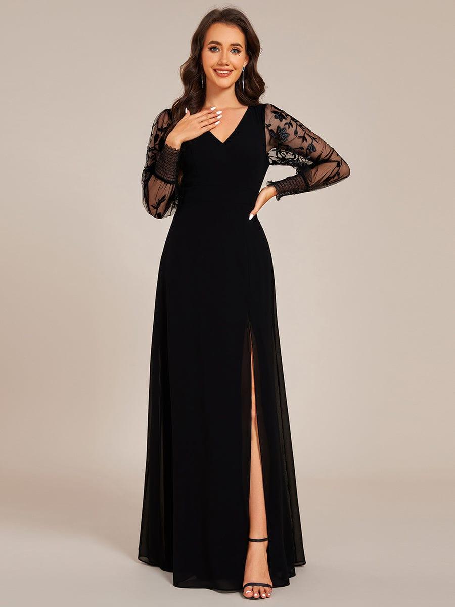 ever RYLEE|See-Through Long Sleeve V-Neck High Slit Chiffon Formal Evening Dress