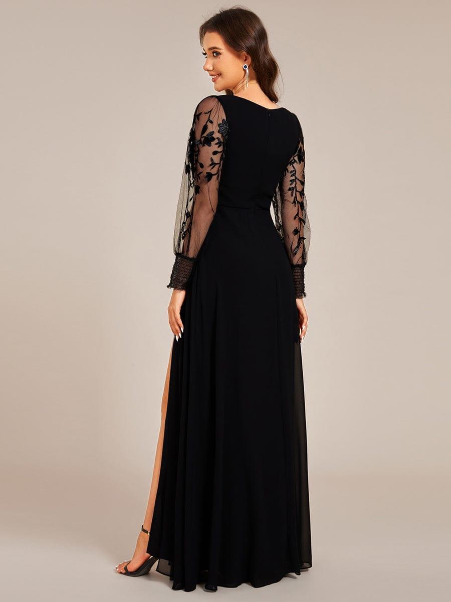 ever RYLEE|See-Through Long Sleeve V-Neck High Slit Chiffon Formal Evening Dress