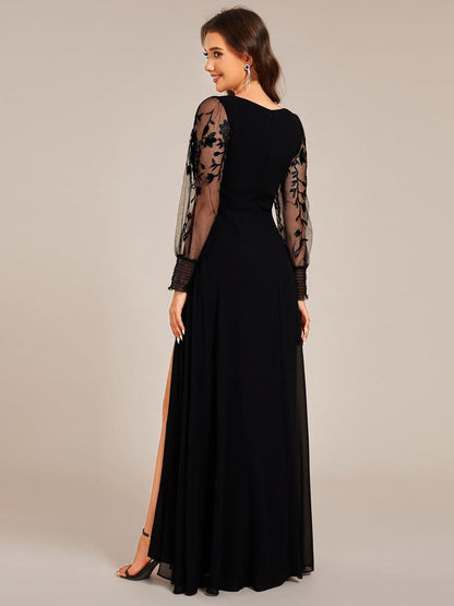 ever RYLEE|See-Through Long Sleeve V-Neck High Slit Chiffon Formal Evening Dress