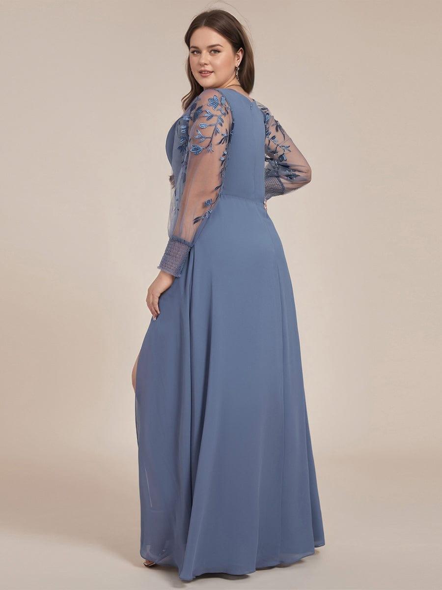 ever RYLEE|See-Through Long Sleeve V-Neck High Slit Chiffon Formal Evening Dress