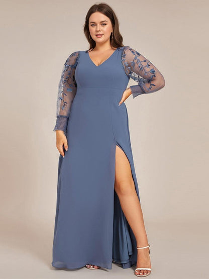 pretty RYLEE|Plus Size High Slit Embroidered Long Sleeve Chiffon Formal Evening Dress