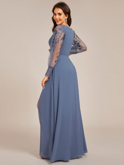 ever RYLEE|See-Through Long Sleeve V-Neck High Slit Chiffon Formal Evening Dress