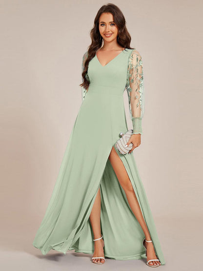 ever RYLEE|See-Through Long Sleeve V-Neck High Slit Chiffon Formal Evening Dress