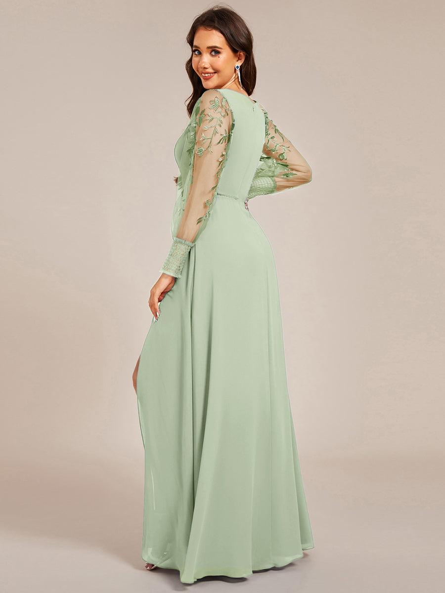 ever RYLEE|See-Through Long Sleeve V-Neck High Slit Chiffon Formal Evening Dress
