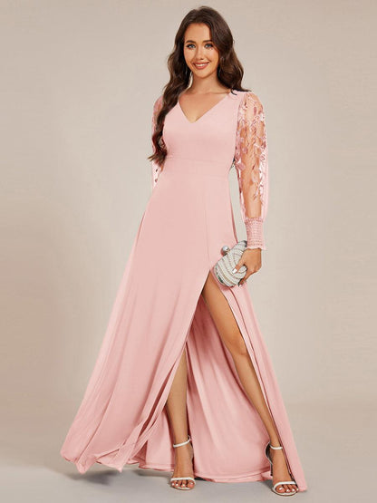 ever RYLEE|See-Through Long Sleeve V-Neck High Slit Chiffon Formal Evening Dress