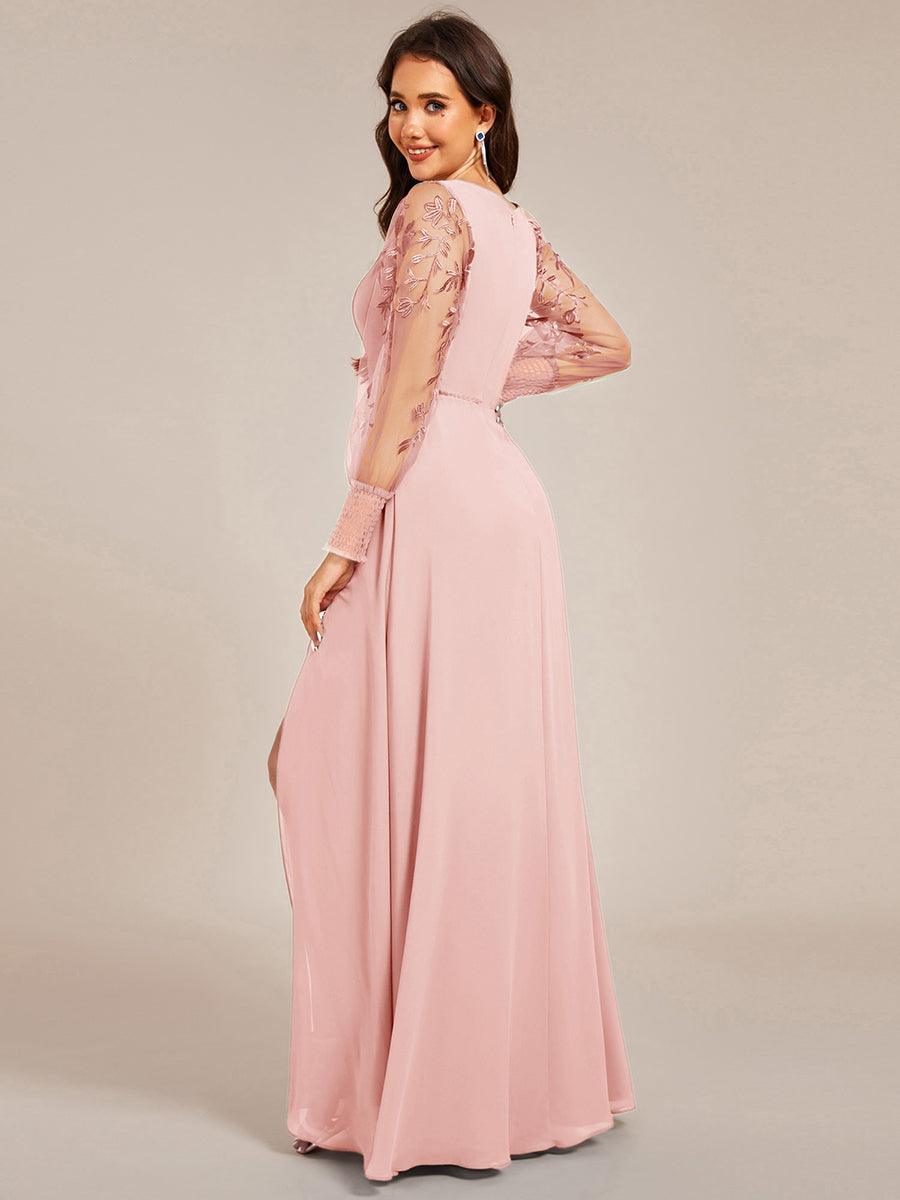 ever RYLEE|See-Through Long Sleeve V-Neck High Slit Chiffon Formal Evening Dress
