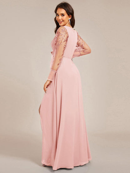ever RYLEE|See-Through Long Sleeve V-Neck High Slit Chiffon Formal Evening Dress