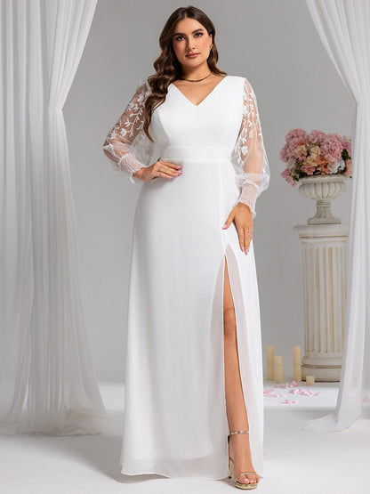 ever RYLEE|See-Through Long Sleeve V-Neck High Slit Chiffon Formal Evening Dress