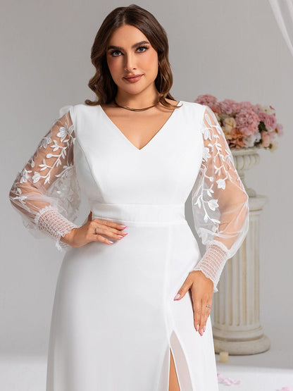 pretty RYLEE|Plus Size High Slit Embroidered Long Sleeve Chiffon Formal Evening Dress