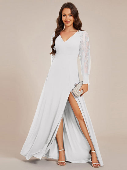ever RYLEE|See-Through Long Sleeve V-Neck High Slit Chiffon Formal Evening Dress